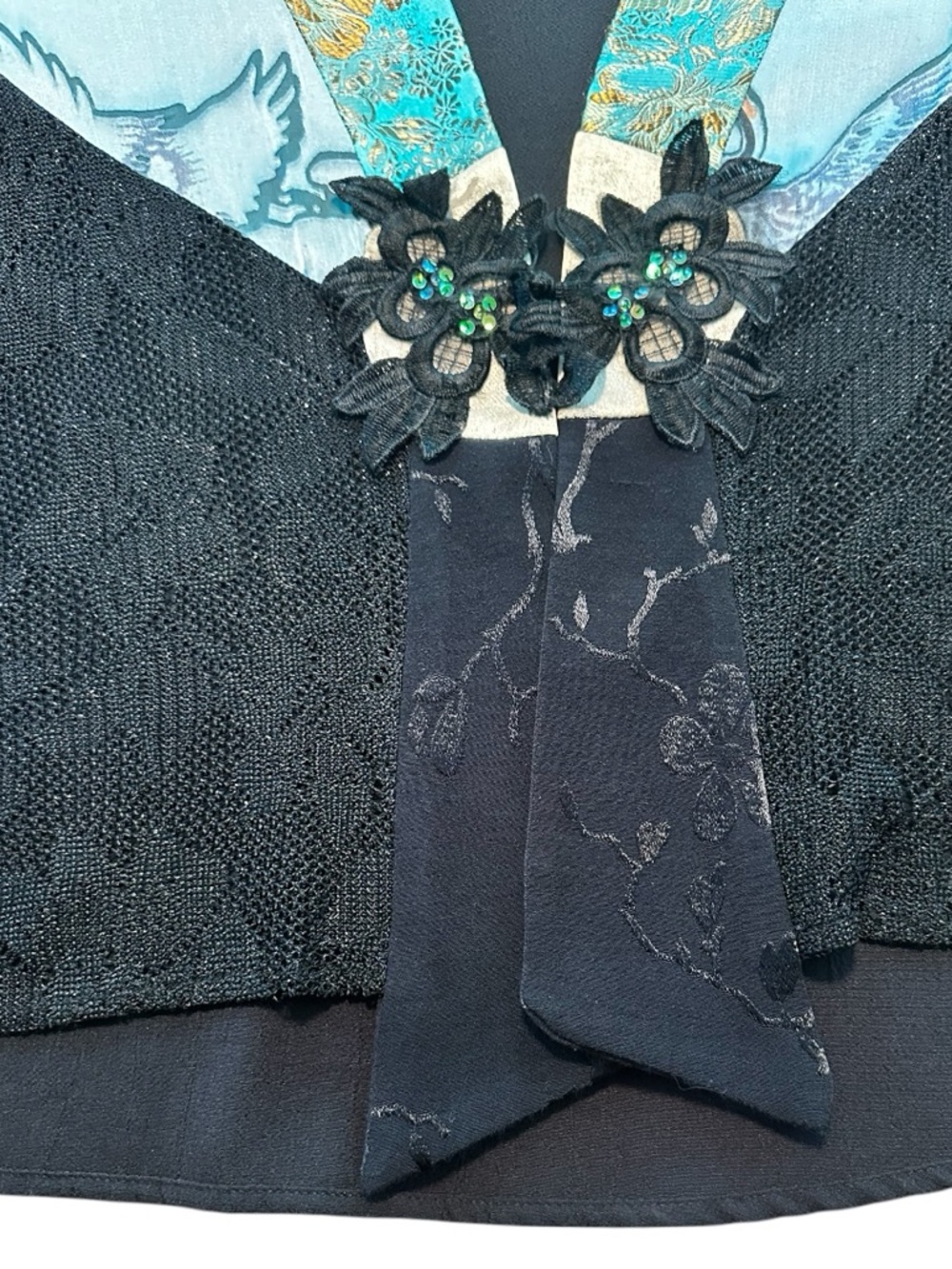 Vtg 90s Spencer Alexis Silk Blend Kimono Style Cropped Top S Floral Cranes FLAWS - Picture 11 of 17
